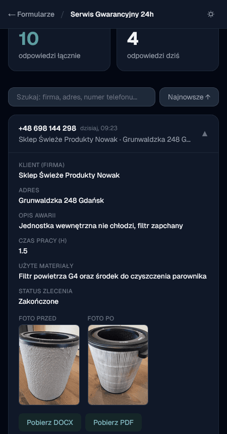 VoiceForms — widok mobilny, tryb ciemny