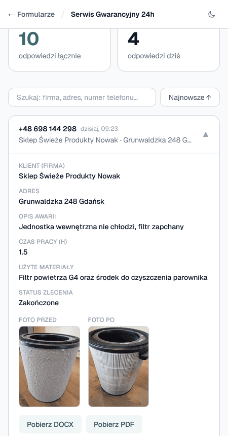 VoiceForms — widok mobilny dashboardu