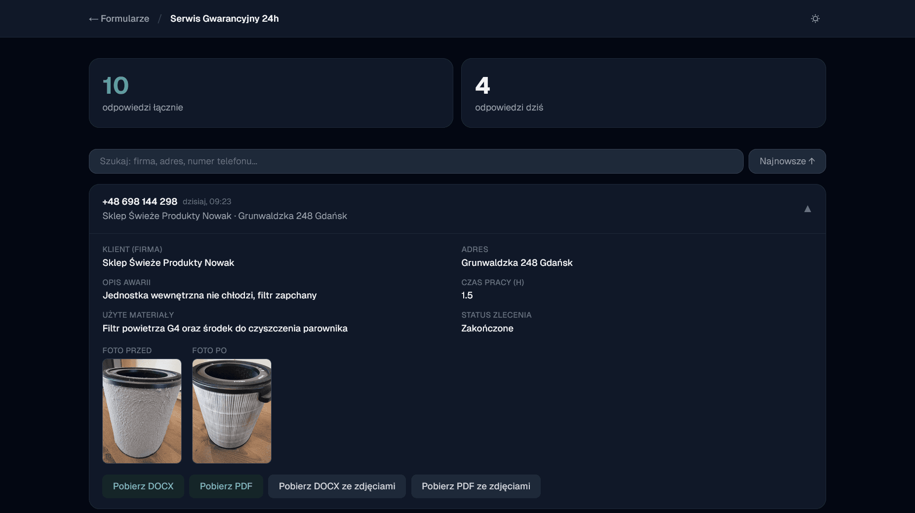 VoiceForms — zgłoszenie serwisowe ze zdjęciami w dashboardzie
